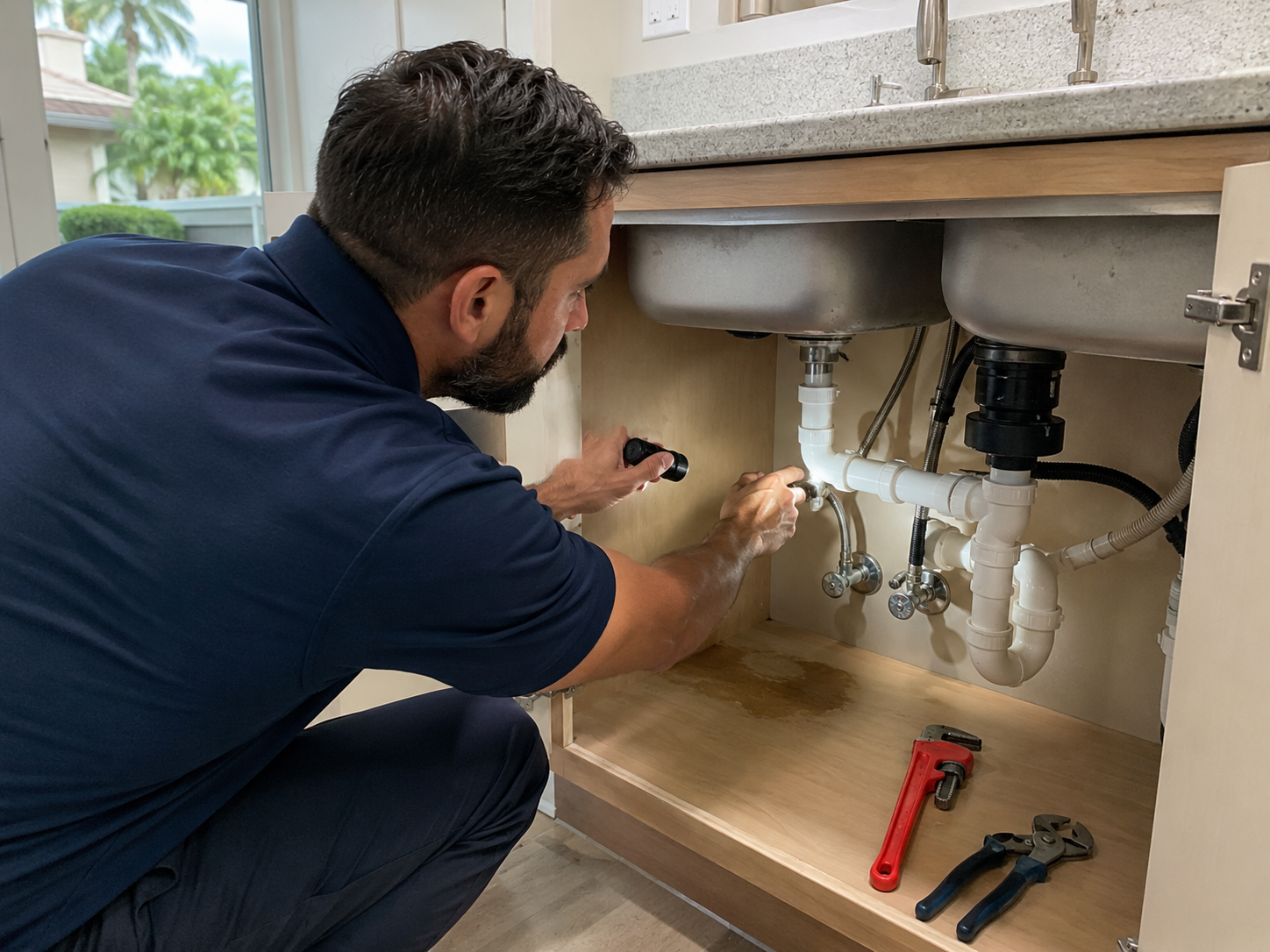 Plumber diagnosing a sink leak beneath a cabinet in a Pembroke Pines home