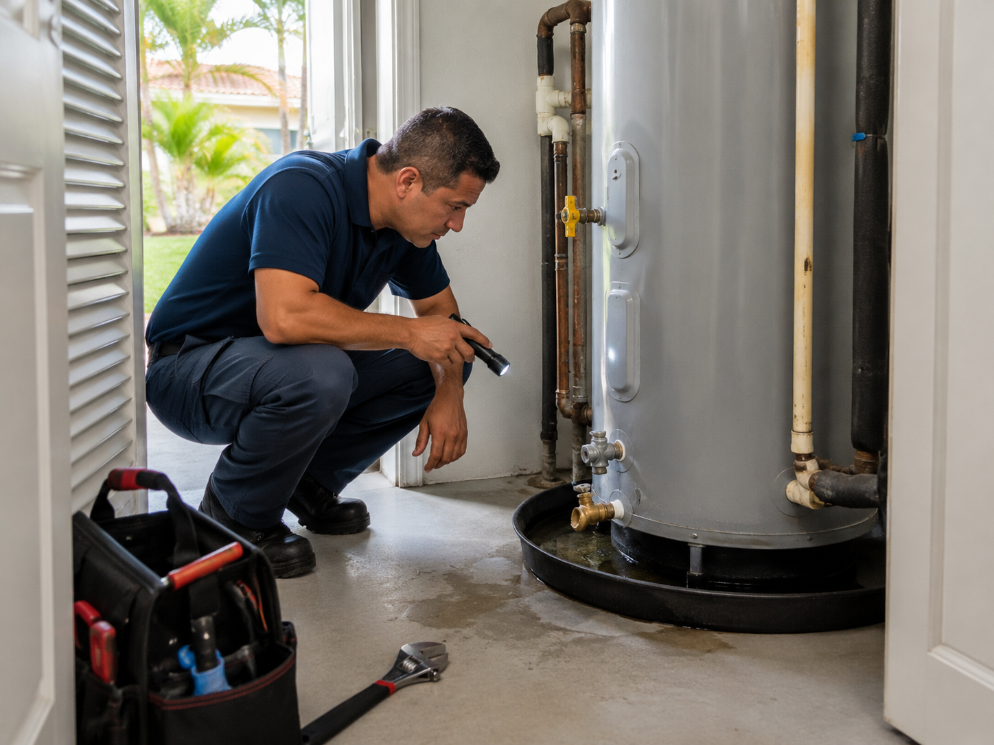 Plumber diagnosing a leaking water heater in a Pembroke Pines garage