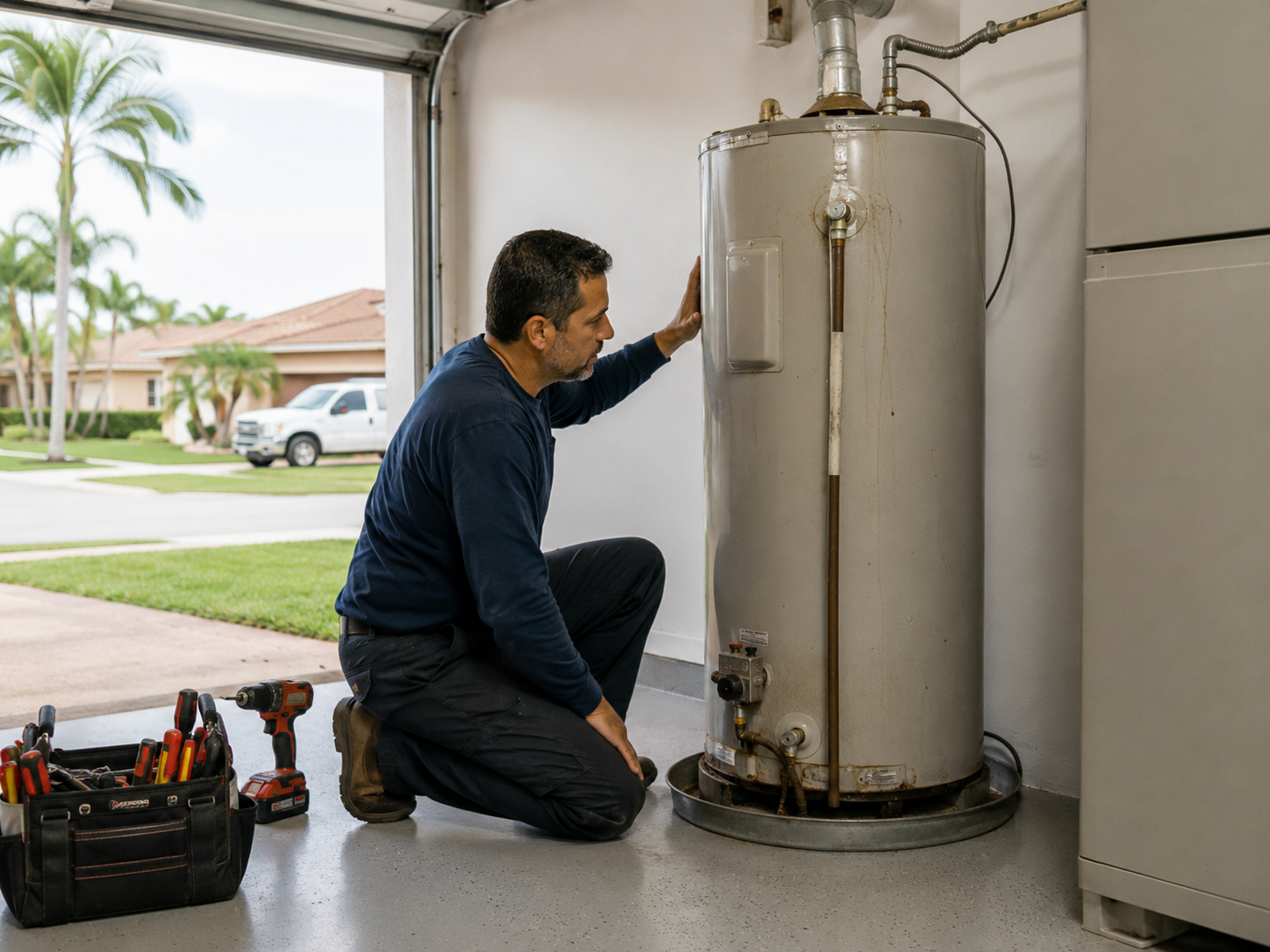 Plumber evaluating an older garage water heater for replacement in Pembroke Pines