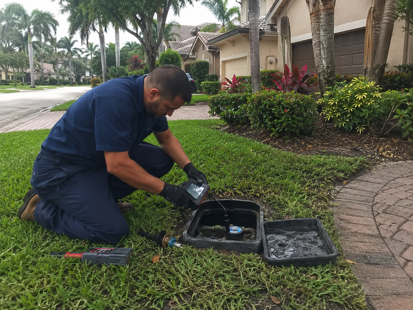 Plumber investigating water meter movement outside a Pembroke Pines home
