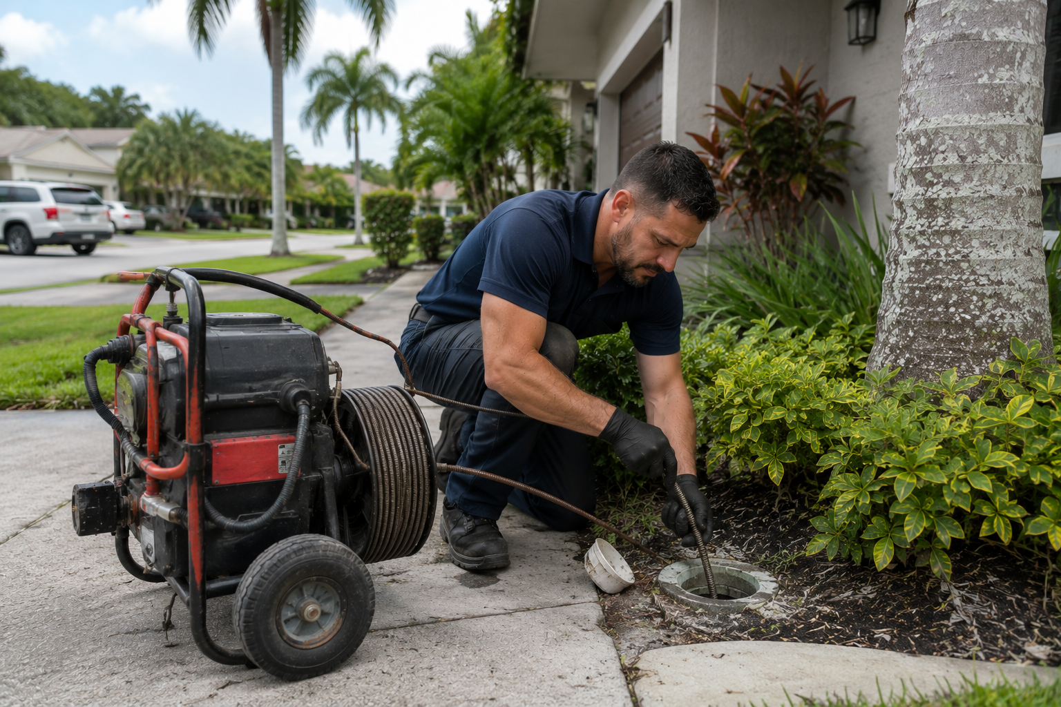 Emergency sewer backup plumber inspecting a cleanout outside a Pembroke Pines home